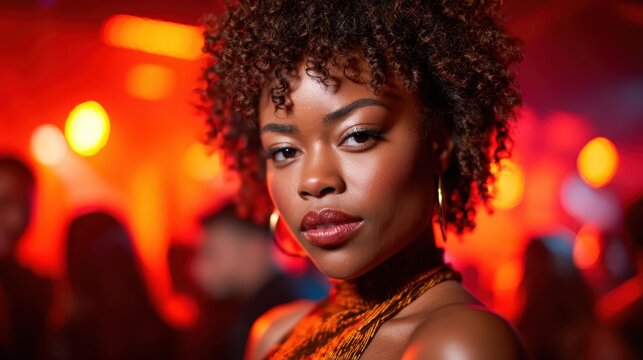 A striking portrait of a confident woman against a vibrant nightlife backdrop, radiating self-assurance and grace, showcasing urban energy and contemporary femininity.