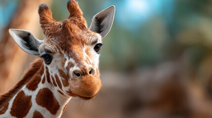 Obraz premium A close-up of an adorable giraffe showcases its expressive eyes and unique patterns, drawing attention to the beauty of wildlife and the charm found in nature's creations.