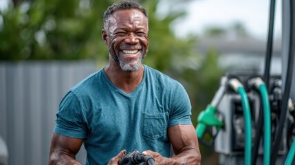 A muscular man joyfully laughing at a fuel station combines elements of work and leisure, showcasing positivity, human emotion, and life’s everyday moments in an urban setting.