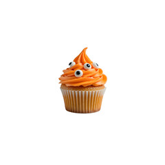 Spooky orange cupcake decorated with googly eyes.A single, isolated Halloween-themed cupcake is presented against a pure white background.