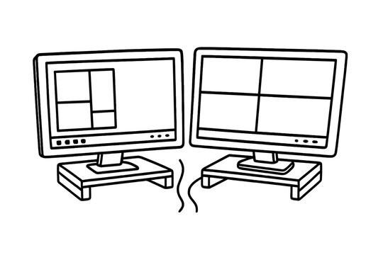 Doodle Dual Monitor Setup. Dual monitor setup: hand drawn doodles of two screens, screen risers, taskbar icons, window tiles,