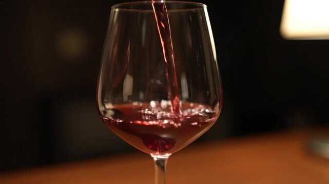 A stream of rich red wine is poured into an elegant glass, creating a subtle splash against a dark, warm background.
