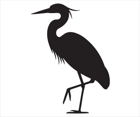 Heron bird silhouette vector illustration standing on one leg, elegant wading bird graphic design for wildlife, nature, wetlands, lake, river, avian species, and ornithology concept isolated on white 