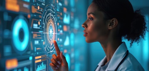 Black female doctor interacts with futuristic holographic AI medical data interface. Analyzes patient information via glowing charts, graphs on digital screen. Represents advanced healthcare