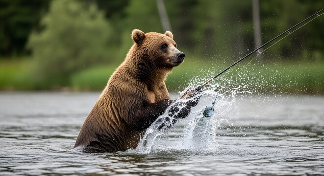 Grizzly bear fishing in a river, grabbing a fish on the line with splashing water and green forest background, evoking wildlife, fishing and adventure.