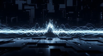 Futuristic digital wave graphic representing data flow and technology in a dark, abstract background.