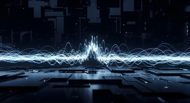 Futuristic digital wave graphic representing data flow and technology in a dark, abstract background.