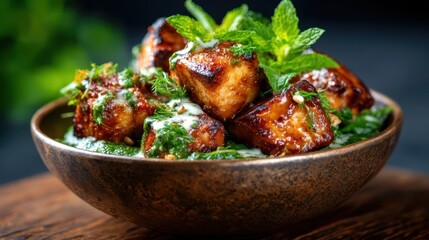 An appetizing presentation of crispy potato balls garnished with fresh herbs and mint, showcasing an enticing contrast of colors and textures that invites food lovers to indulge.