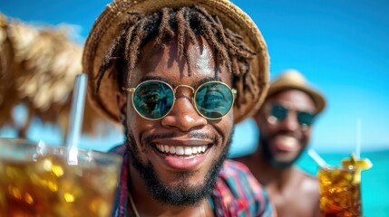 This vibrant image shows two joyful friends smiling widely while holding chilled drinks at a sunny beach, capturing the essence of friendship and summer fun in a tropical setting.
