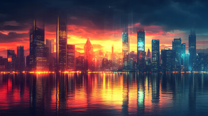 Obraz premium City Skyline at Sunset with Vibrant Reflection on Water and Skyscrapers Silhouetted Against Colorful Twilight Cloudsky