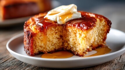 This tantalizing image reveals a moist cake slice topped with butter and caramel drizzles, showcasing enticing flavors and textures perfect for any dessert lover's indulgence.