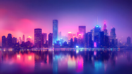Obraz premium Vibrant Urban Cityscape at Night: Neon Skyline Reflection on Water at Dusk