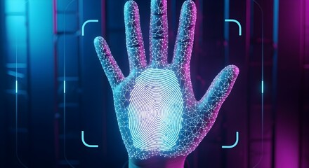 Biometric Hand Scan: Futuristic Hand with Fingerprint Overlay in Neon Lights