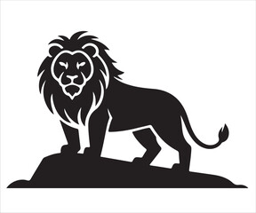 Lion silhouette vector illustration standing on rock, majestic wild animal graphic design for wildlife, safari, jungle, king of beasts, strength, power, and nature concept isolated on white background
