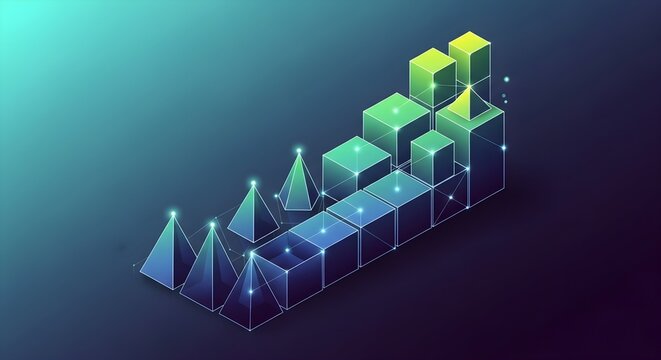Dynamic isometric 3D bar chart and pyramids illustrating digital data analysis, business growth, and technological innovation concepts.