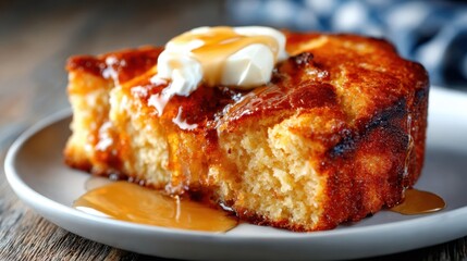 A delectable slice of sweet cornbread topped with butter and syrup is presented on a plate, inviting indulgence and showcasing the warm, homemade aesthetic of comfort food.