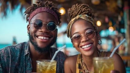 A joyful couple shares a moment at a beachside bar, both wearing sunglasses and smiling widely while holding refreshing drinks, symbolizing love and leisure.