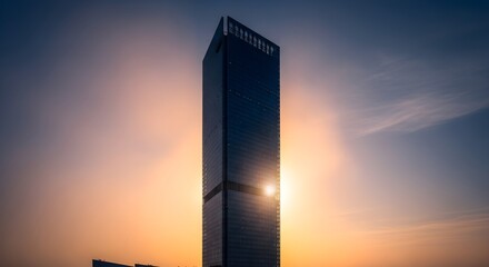 Modern skyscraper silhouetted against a vibrant sunset, showcasing urban architecture and city skyline.