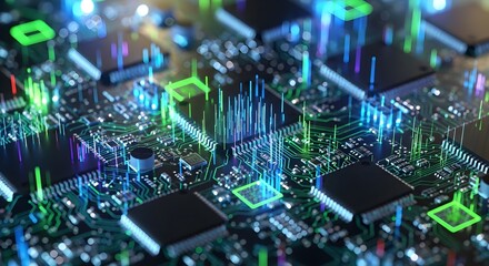 Abstract digital circuit board glowing with vibrant data flows, depicting the future of technology, AI, and complex electronic systems.