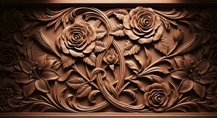 Exquisite handcrafted wooden relief carving featuring intricate roses, lilies, and swirling foliage, showcasing traditional artistry.