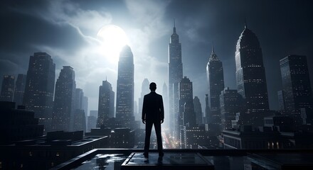 Lone businessman silhouetted against a full moon over a moody cityscape at night.