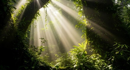 Enchanting sun rays filter through lush tropical rainforest canopy, creating a serene and magical atmosphere. Nature photography for calendars, wall art and ecotourism.