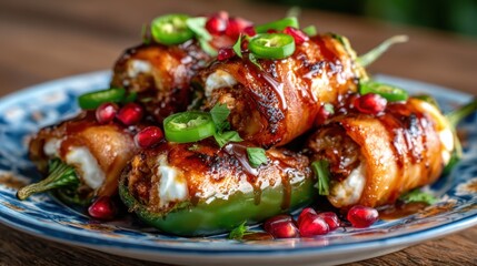 A vibrant platter of spicy jalape&ntilde;os stuffed with cream cheese and garnished with pomegranate, offering a unique blend of sweet and spicy flavors for an exciting culinary experience.