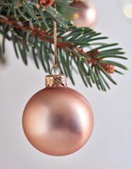 Close Up of Shiny Rose Gold Christmas Ornament Hanging on Green Pine Branch