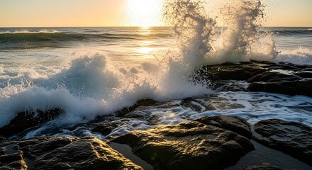 Dramatic ocean wave crashes against the rocky shoreline as the sun sets in the background, creating a beautiful and powerful coastal scene.