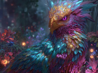 Fototapeta premium Close-up Portrait of a Colorful Rainbow Phoenix in a Magical Forest