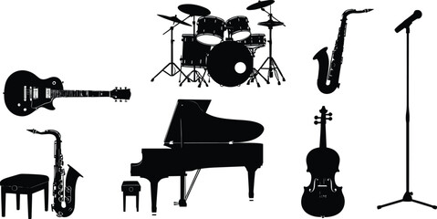 music, instrument, guitar, drum, piano, saxophone, cello, microphone, silhouette, black, white, vector, sound, band, concert, jazz, classical, rock, icon, performance