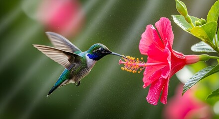 Tiny hummingbird hovering near a vibrant flower high quality stock illustration for commercial use
