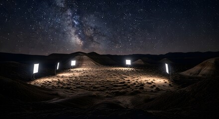 Illuminated Desert Landscape Under Milky Way: Sci-Fi Light Installation