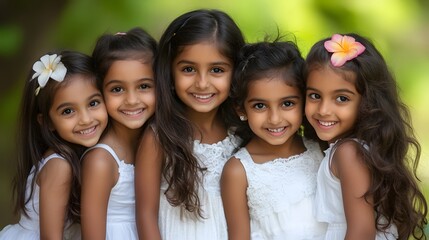 Obraz premium Adorable Group of Smiling Girls in White Dresses