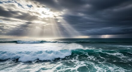 Dramatic seascape with breaking waves, sunlight beaming through storm clouds: powerful ocean scenery, moody atmosphere, and dynamic energy.