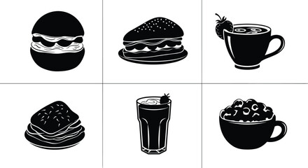 food, drink, sandwich, burger, coffee, tea, wine, juice, bread, cereal, ice cream, snack, beverage, vector, black, white, silhouette, dessert, refreshment, meal