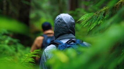Friends exploring a hiking trail through a dense forest with backpacks and cameras