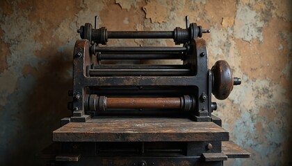 Vintage printing press, industrial artifact, heavy machinery with wooden parts. Represents Gutenberg invention, mass communication revolution, cultural transformation. Progress, knowledge