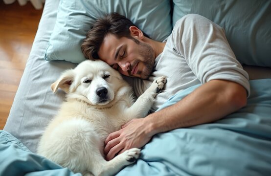 Man and cute white dog sleep together in bed. Owner and his loyal pet rest comfortably on pillows. Adorable puppy snuggles close to man, showing friendship and canine affection. Cozy bedroom scene.