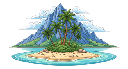 A pixel art illustration of a tropical island with a large mountain, palm trees, and a turquoise ocean, set against a cloudy sky isolated on transparent background