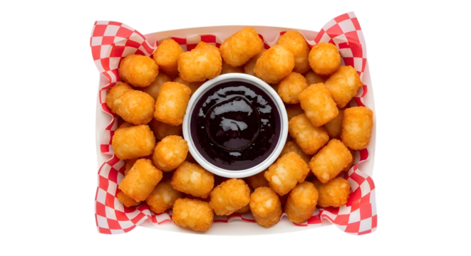 Basket of golden potato tater tots with a small bowl of dark dipping sauce, isolated on transparent background