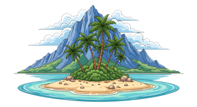 A pixel art illustration of a tropical island with a large mountain, palm trees, and a turquoise ocean, set against a cloudy sky isolated on transparent background - Powered by Adobe