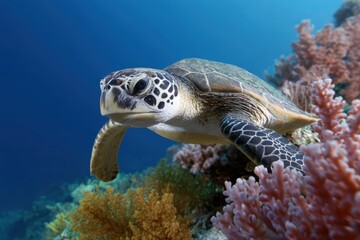 Fototapeta premium Close-up of a sea turtle swimming gracefully underwater among vibrant coral reefs and tropical fish