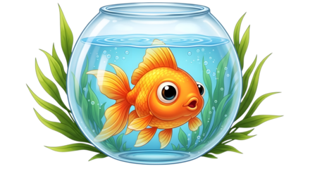 A cute, cartoonish goldfish swimming in a clear, round fishbowl filled with blue water and surrounded by green aquatic plants, isolated on transparent background