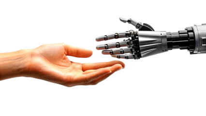 human hand reaching towards a robotic hand concept isolated on white background, png, ai generated.