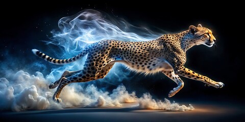 Cheetah Running with Blue Energy Trails and Smoke Against Black Background Keywords: cheetah, big cat, animal, running, speed, fast, motion, blur, energy, blue, smoke, trails, black background