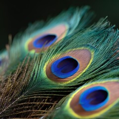 Fototapeta premium Close-up of vibrant peacock feathers fanned out showing intricate patterns and iridescent colors