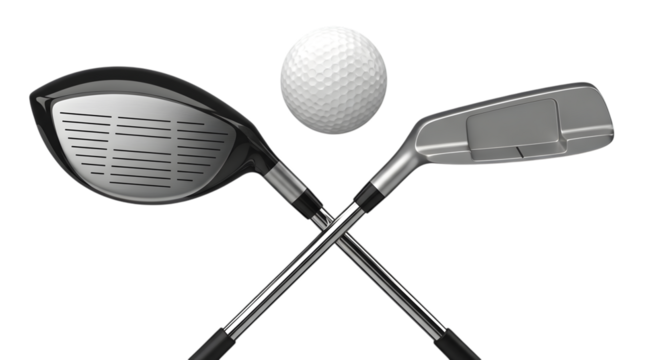 Two golf clubs and a golf ball crossed over each other, isolated on transparent background