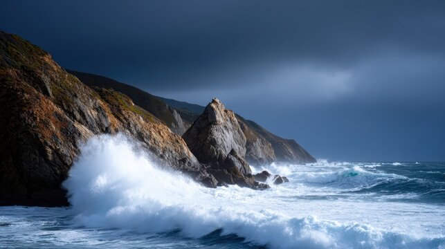 Ocean waves crashing against rugged cliffs with storm clouds overhead and dramatic lighting
