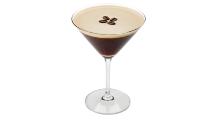 Espresso martini cocktail in a martini glass with coffee beans on top, isolated on transparent background